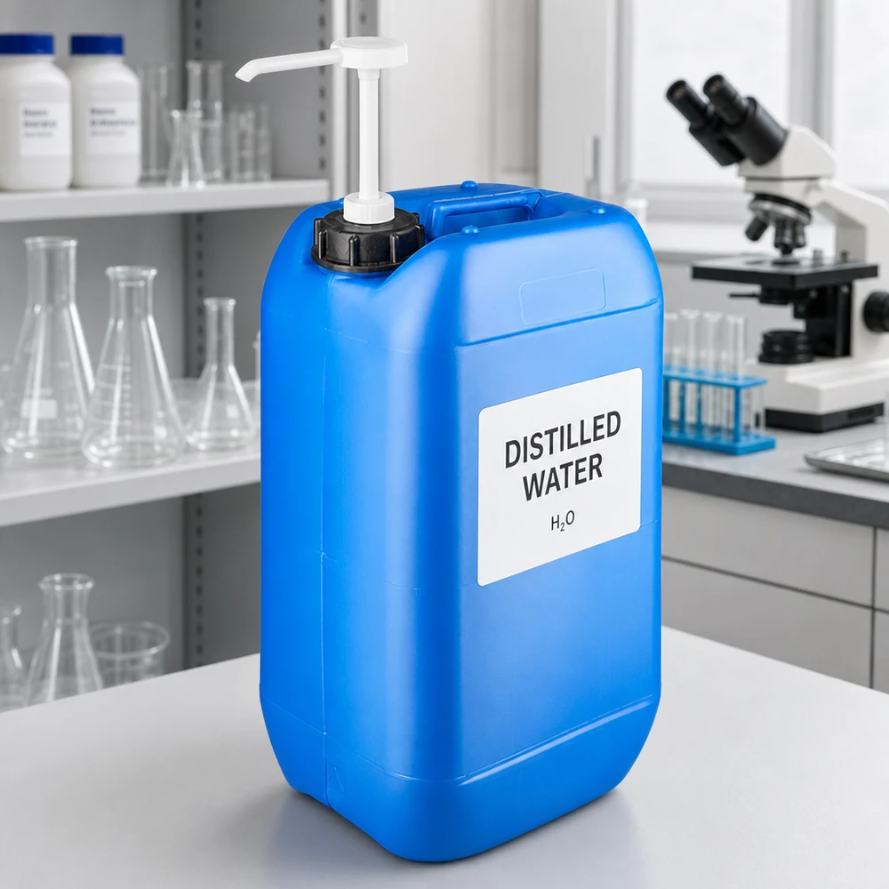 Tanica da laboratorio da 15 litri, blu, con pompa dosatrice, riempita con acqua distillata H₂O