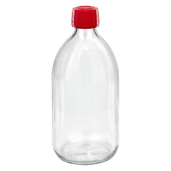 Flacone per medicinali da 500 ml trasparente, tappo rosso con chiusura antimanomissione