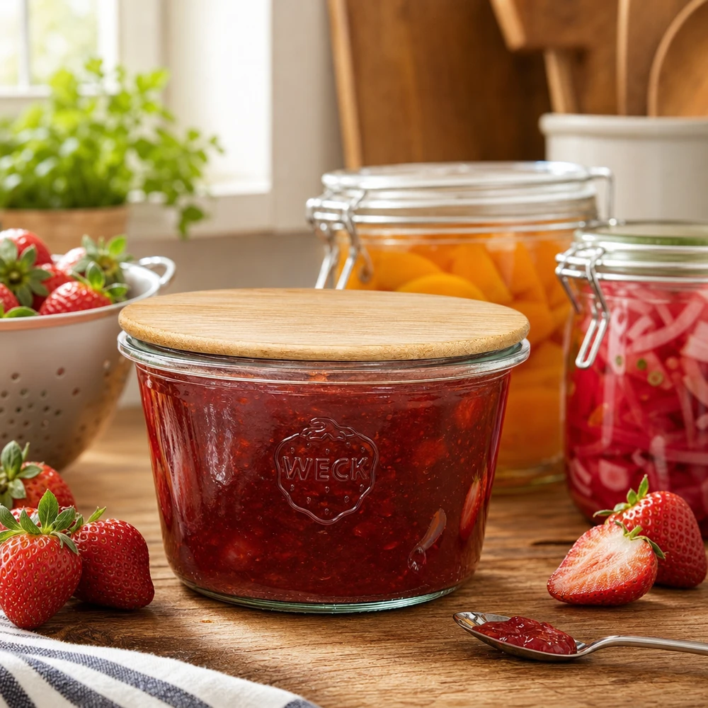 Bicchieri da 370 ml WECK RR100 con coperchio in legno Barattolo WECK RR100 riempito di marmellata di fragole in un ambiente di cucina con fragole fresche e vasetti di conservazione