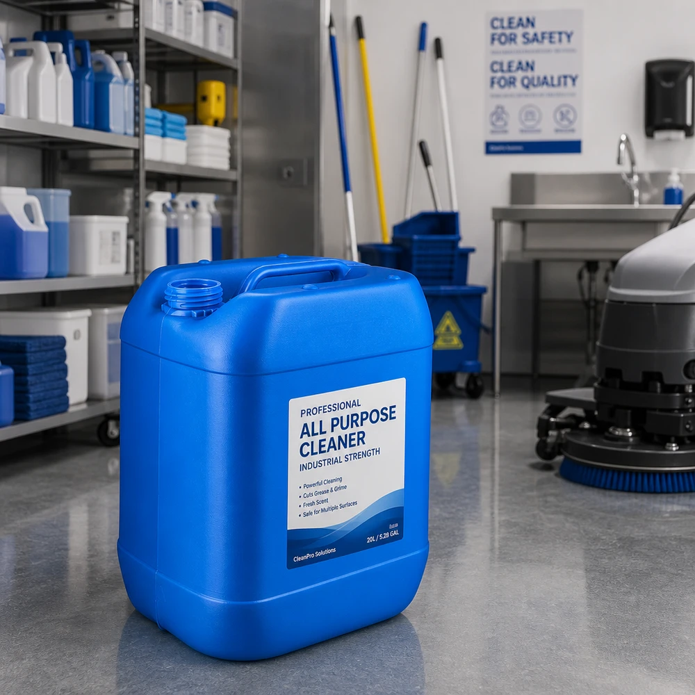 Tanica industriale blu da 20 litri senza tappo, con ampio bocchettone di riempimento e robusta maniglia di trasporto