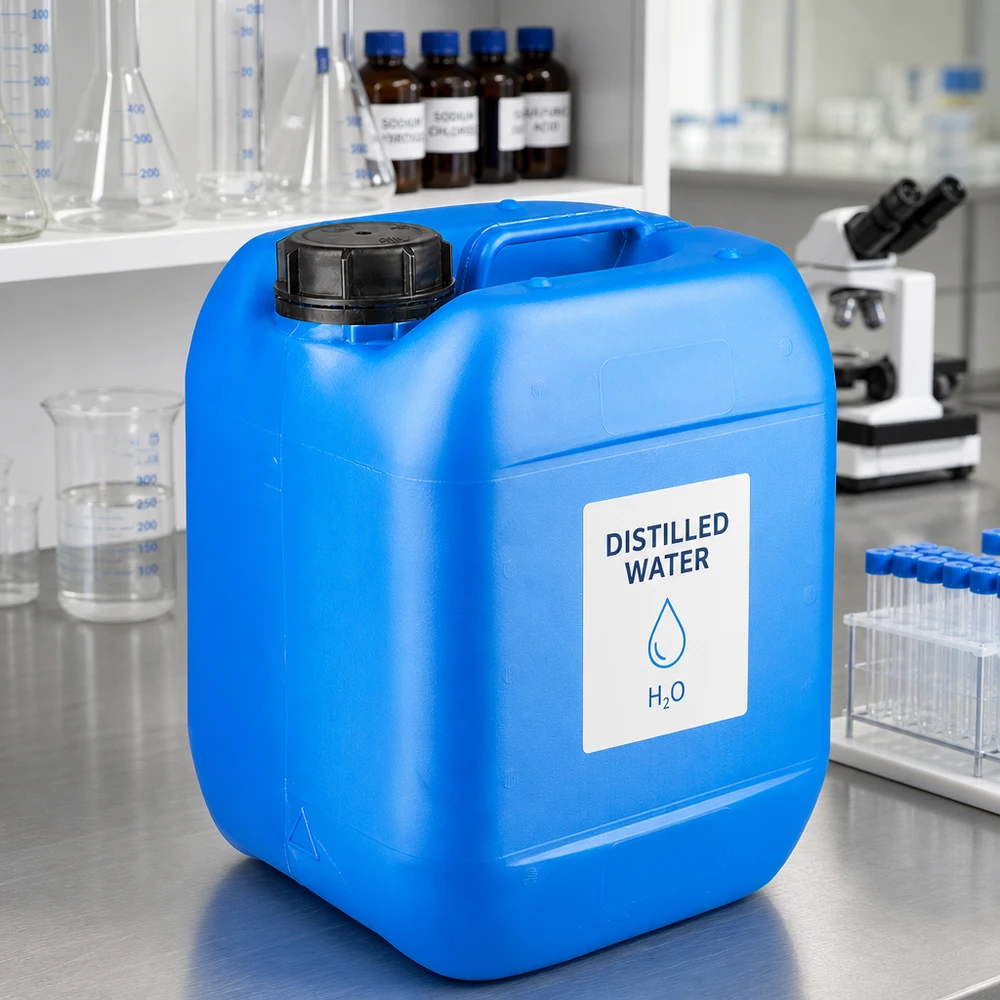 Tanica 5 litri blu con tappo a vite OV Tanica da laboratorio da 5 litri, blu, con tappo a vite OV per acqua distillata H₂O