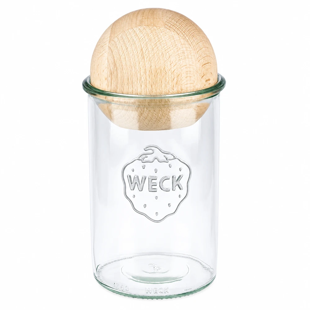 WECK tumbler 1000ml RR100 con coperchio a sfera in legno di faggio, barattolo per conserve con logo su sfondo bianco