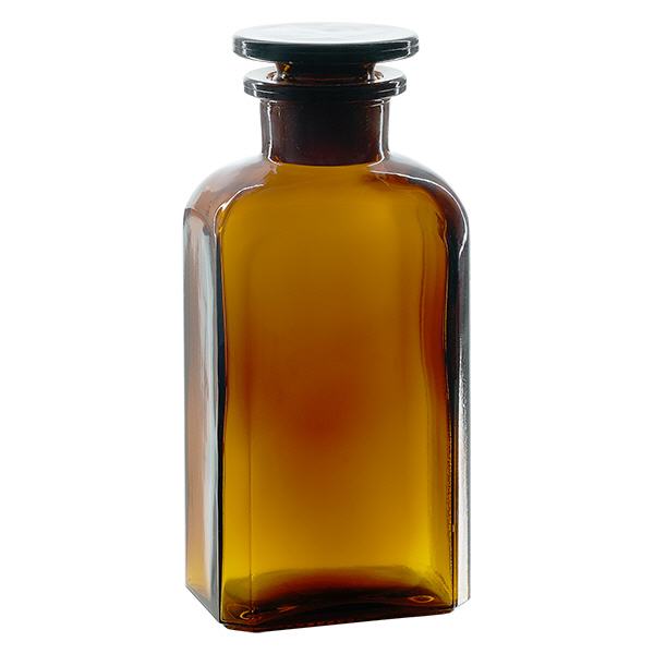 Bottiglia quadrata 250ml marrone con collo largo e tappo in vetro Bottiglia quadrata 250ml marrone con collo largo e tappo in vetro