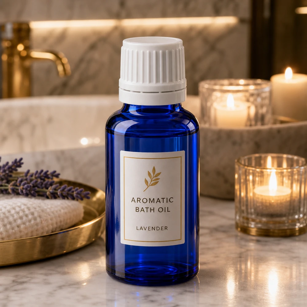 Bottiglia da farmacia blu da 20ml. SV OV bianco/11mm ApoGlas Olio da bagno aromatico alla lavanda in flacone da farmacia da 20 ml di colore blu cobalto con tappo a vite bianco