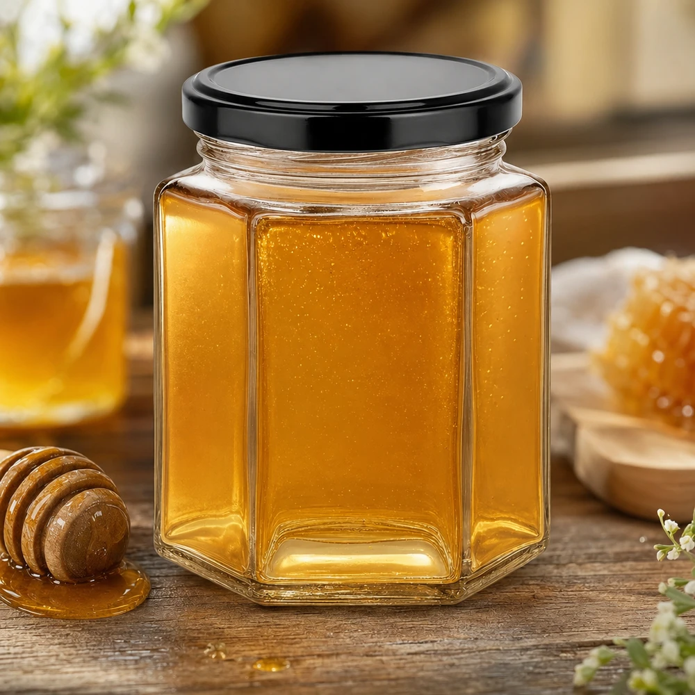 Vaso hexa da 196 ml con coperchio BasicSeal nero UNiTWIST. Vaso hexa da 196 ml con coperchio nero riempito di miele giallo oro su un tavolo di legno rustico con cucchiaio da miele e fiori