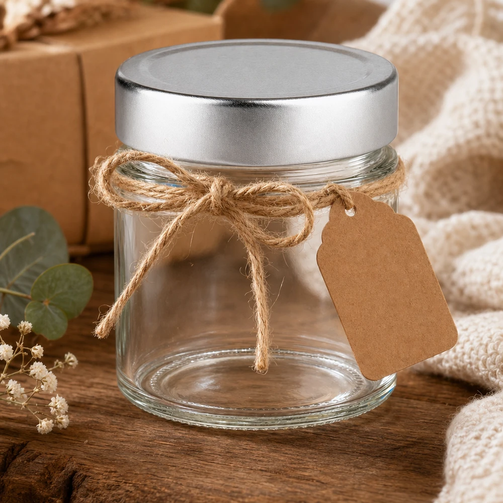 Barattolo rotondo da 135 ml + coperchio BasicSeal argento profondo UN.. Vasetto rotondo da 135 ml con coperchio argentato, decorato con cordoncino di iuta e etichetta in carta kraft, confezione regalo rustica