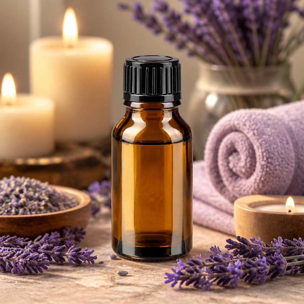 Bottiglia per farmacia marrone 15ml tappo a vite nero pc Flacone da farmacia da 15 ml in vetro ambrato con tappo a vite nero, circondato da fiori di lavanda e candele