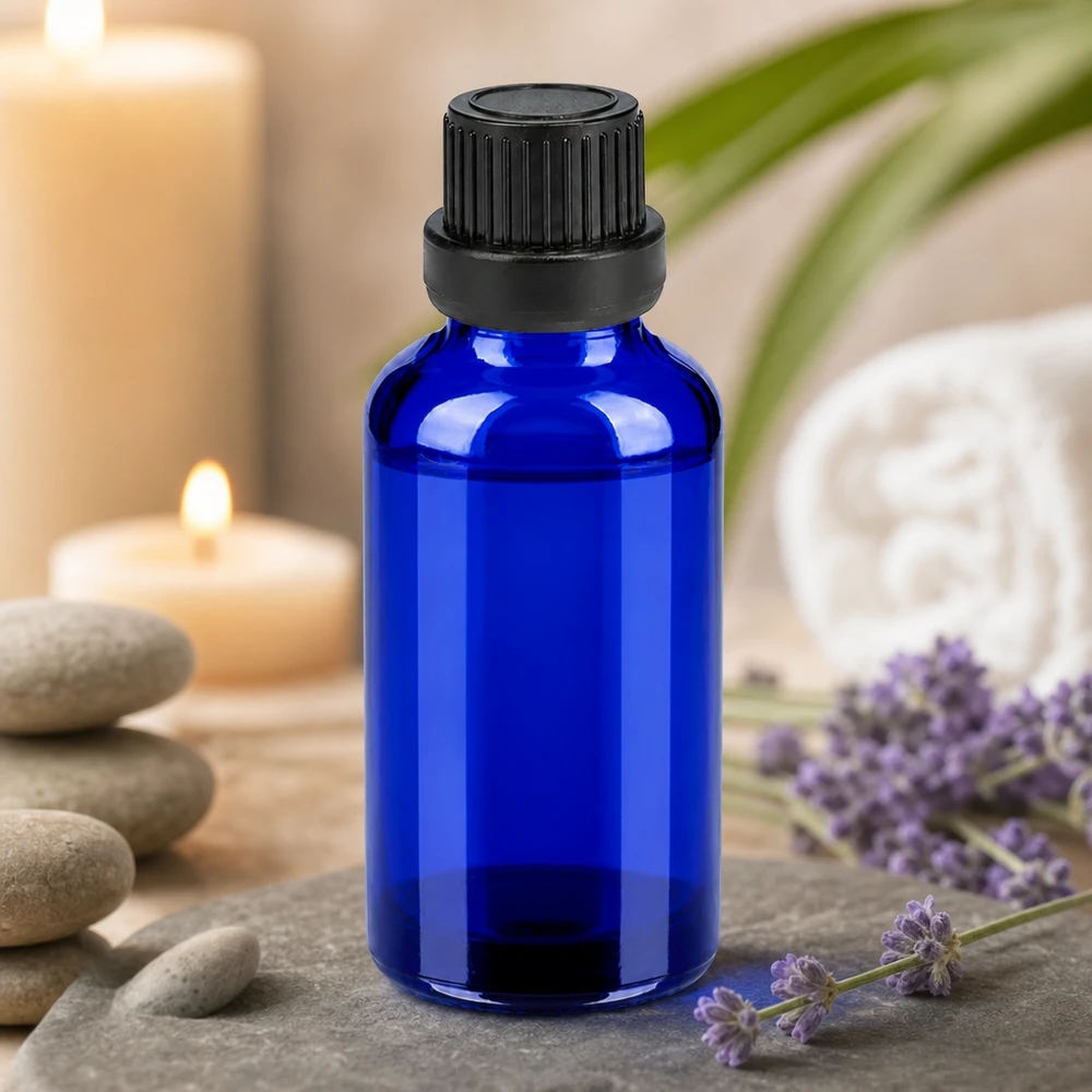 Bottiglia da 30ml 11mm SV nero OV BlueLine UT18/30 Flacone per farmacisti da 30 ml in vetro cobalto resistente ai raggi UV con chiusura sicura antimanomissione