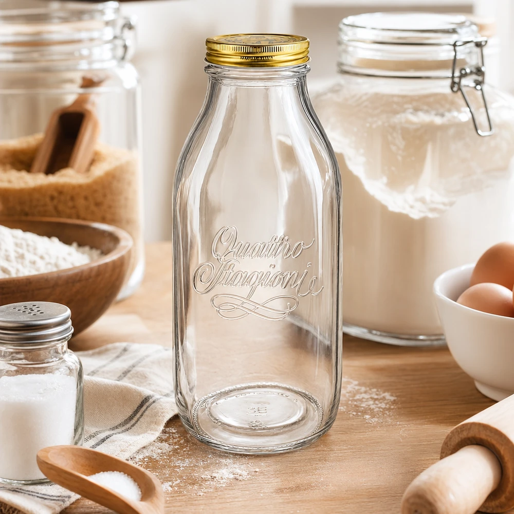 Quattro Stagioni 1000ml bottiglia di vetro disposta in una cucina rustica con ingredienti da forno, farina, uova e utensili in legno