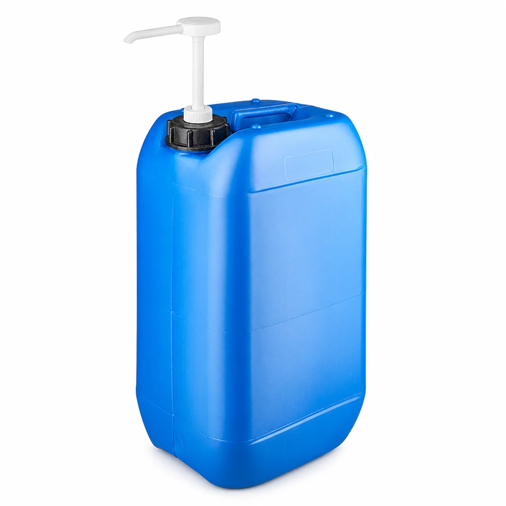 Tanica 15 litri blu con pompa dosatrice Tanica di plastica blu da 15 litri con pompa dosatrice bianca su tappo a vite nero