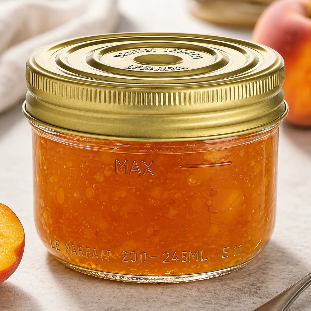 Bicchieri Familia Wiss da 245 ml con coperchio a vite dorato riempiti di marmellata di arance su un tavolo di legno