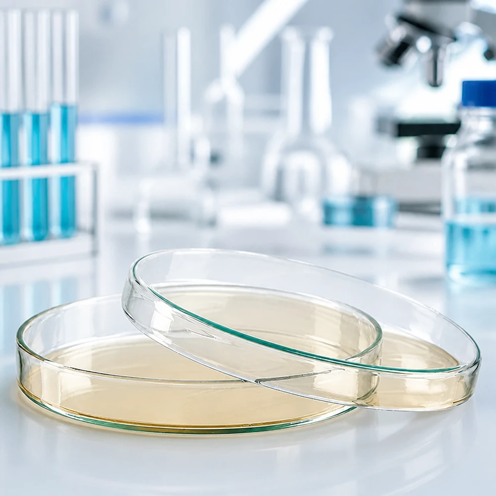 Piastra Petri 120x20 mm in vetro Piastra di Petri in vetro da 120x20 mm riempita con agar nutriente giallo, posizionata su un tavolo da laboratorio bianco accanto al microscopio