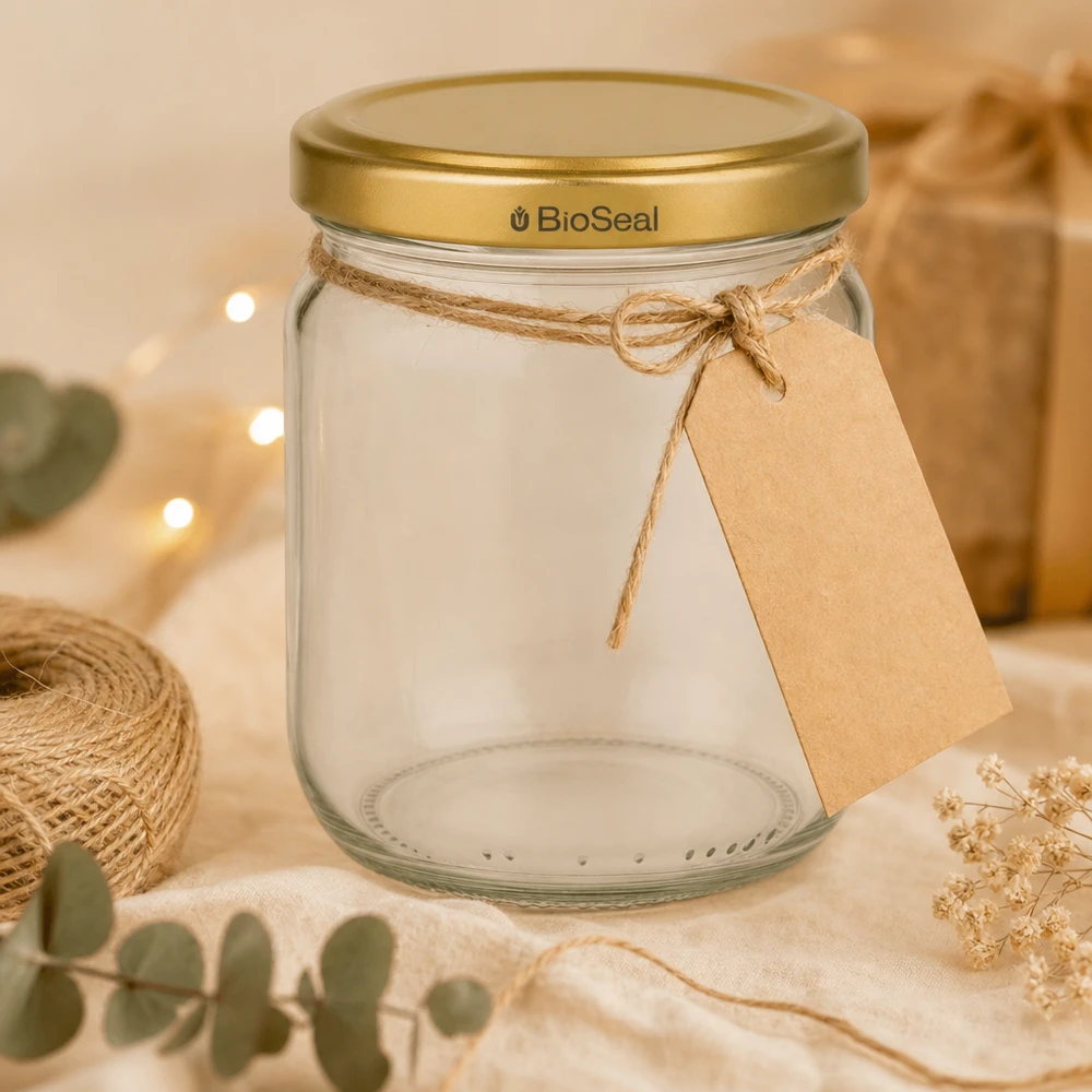 Vasetto per miele da 500 g con capsula dorata BioSeal UNiTWIST Vasetto di miele BioSeal vuoto da 500 g con etichetta regalo e cordoncino di iuta, decorato con fiori secchi.