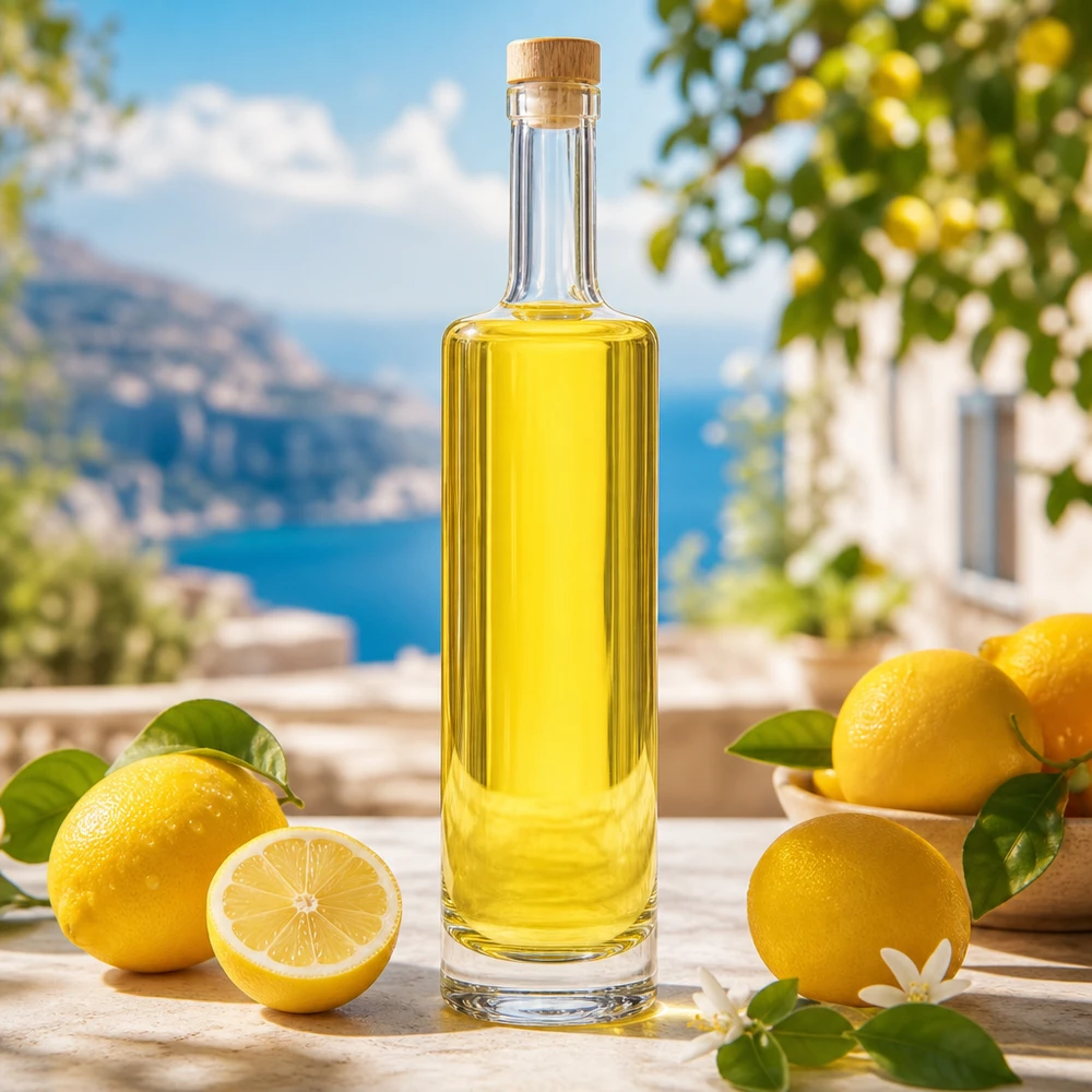 Bottiglia da 500 ml in vetro Lina con tappo in legno riempita di limoncello giallo tra limoni freschi Scenario mediterraneo