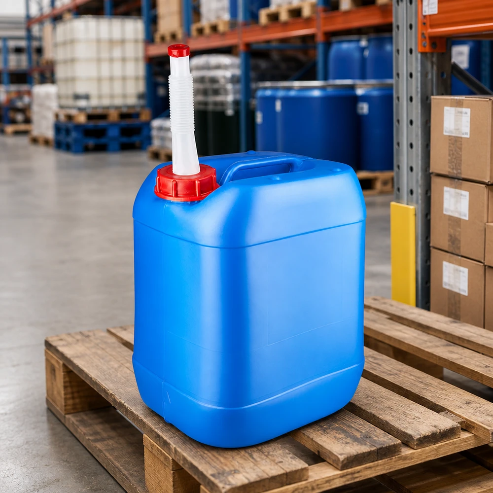 Tanica blu da 20 litri con beccuccio Flex Tanica impilabile in HDPE da 20 litri, di colore blu, con beccuccio flessibile, su pallet di legno, disponibile in magazzino