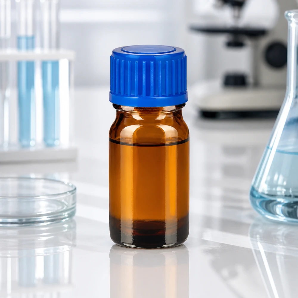 Bottiglia da laboratorio BrownLine da 5 ml in vetro ambrato con protezione UV e tappo blu per la ricerca