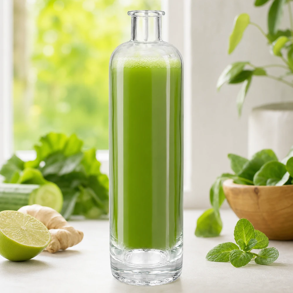 Bottiglia in vetro da 500 ml Ella senza tappo UNiTWIST® 500ml Glasflasche Ella UNiTWIST mit grünem Smoothie gefüllt zwischen frischen Kräutern Ingwer und Limette Wellness-Ambie