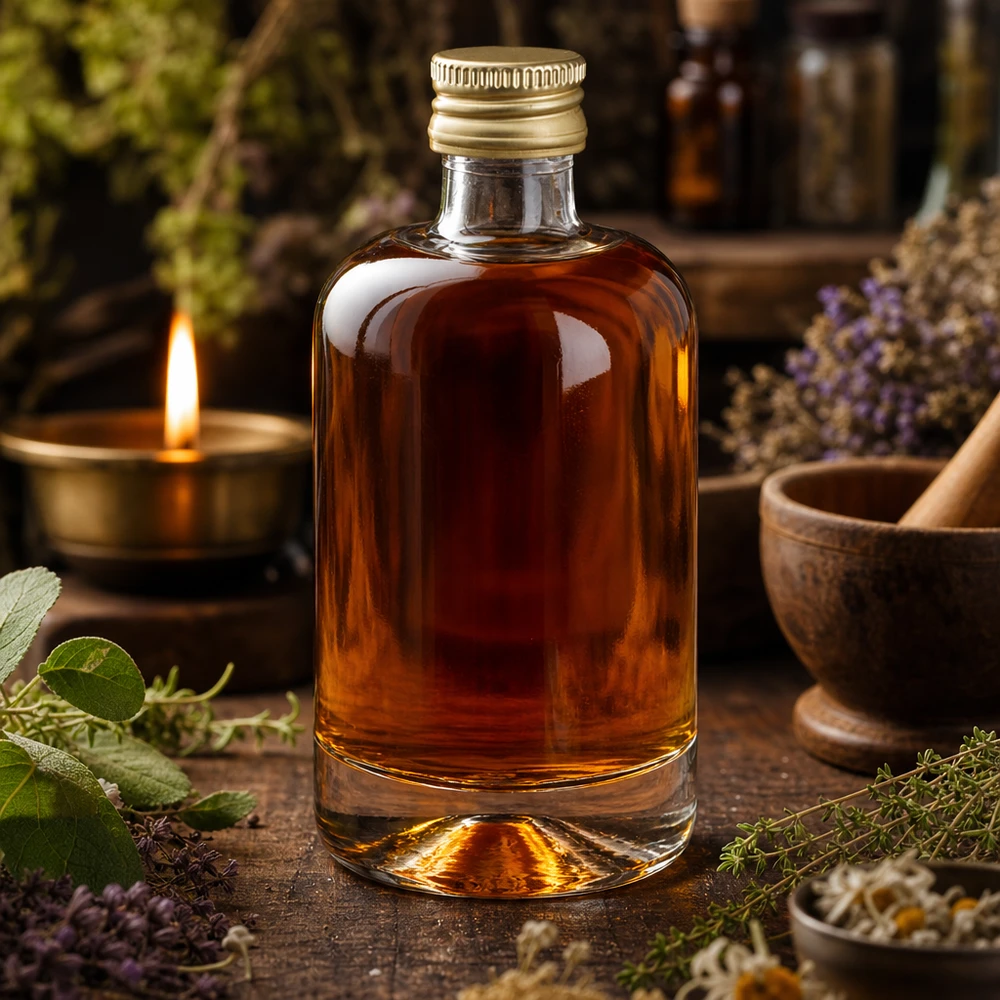Bottiglia in vetro da 40 ml Sara con tappo a vite dorato UNiTWIST® Flacone da 40 ml in vetro Sara con tappo dorato riempito di liquido marrone in un ambiente rustico da farmacia