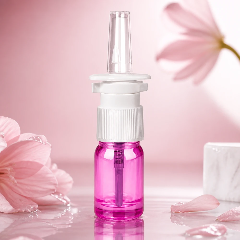 Flacone spray nasale da 5 ml bianco/trasparente standard PurpleLine UT18/5 Robusto flacone spray da 5 ml serie PurpleLine con tappo a vite per spray nasali ricaricabili