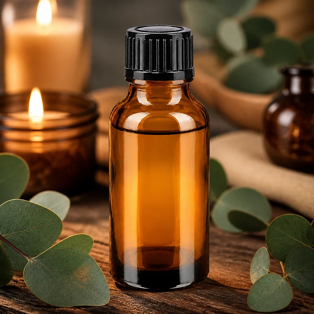 Piccolo flacone contagocce marrone da 20 ml in vetro da farmacia con tappo nero e foglie di eucalipto