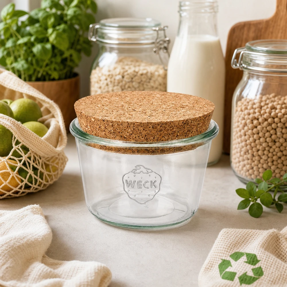 WECK RR100 370ml mason jar con coperchio in sughero in cucina sostenibile a spreco zero con barattoli di stoccaggio e prodotti biologici