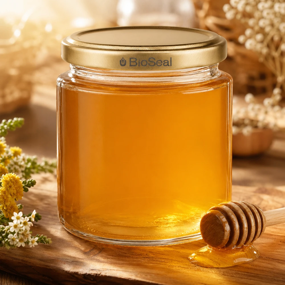 Vasetto per miele da 350 g con capsula dorata BioSeal UNiTWIST Vasetto di miele da 250 ml con miele dorato, coperchio BioSeal e cucchiaio per miele, presentazione naturale con fiori