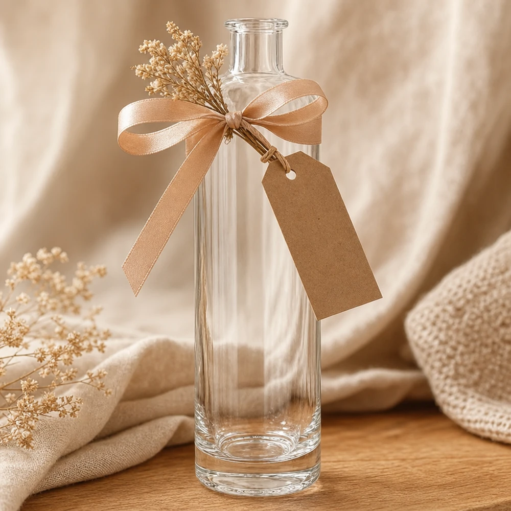 Bottiglia in vetro da 500 ml Ella senza tappo UNiTWIST® Bottiglia in vetro da 500 ml Ella UNiTWIST in regalo, decorata con nastro di raso e ciondolo con fiori secchi.