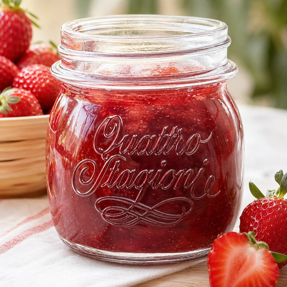 Vasetto casalingo Quattro Stagioni da 250 ml pieno di marmellata di fragole accanto a fragole fresche su un tavolo di legno