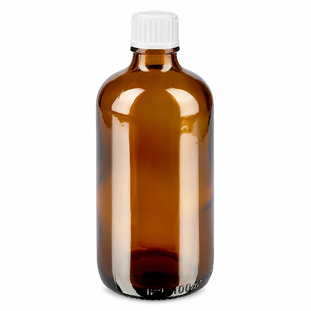 Flacone in vetro marrone da 100 ml con tappo contagocce bianco, realizzato in vetro da farmacia STD di alta qualità