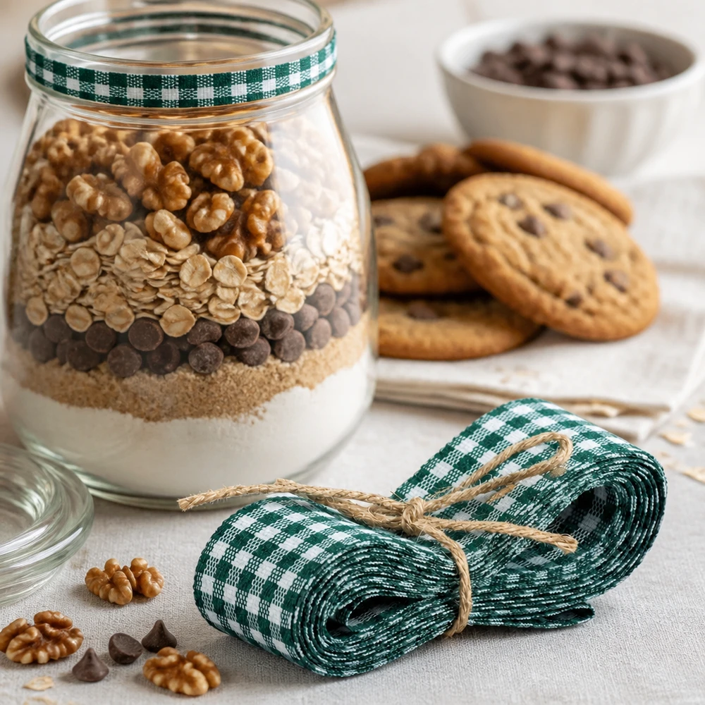 Nastro in tessuto verde e bianco di 300 cm per regali fai da te con noci, biscotti e chicchi di caffè.