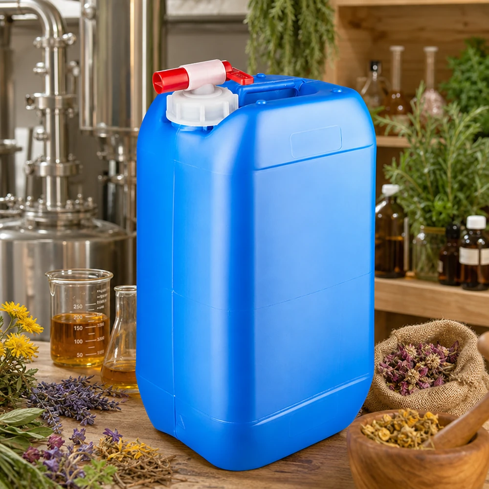 Tanica 15 litri blu con rubinetto di scarico Tanica di plastica blu da 15 litri con rubinetto di scarico, circondata da erbe aromatiche e oli essenziali