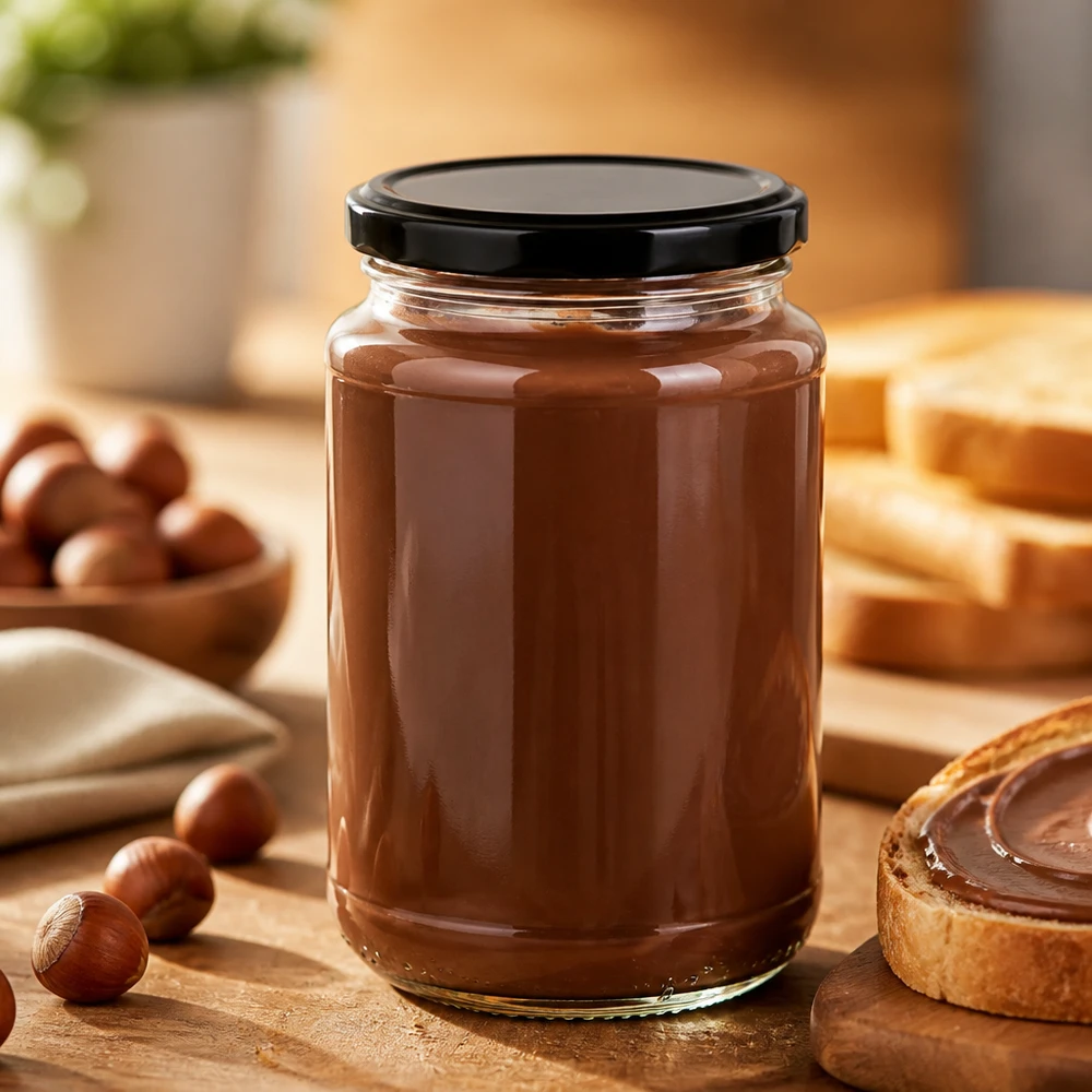 Vaso di vetro rotondo da 320 ml + BasicSeal nero UNiTWIST Barattolo da 320 ml con coperchio nero BasicSeal di UNiTWIST, ideale per creme di noci e creme spalmabili