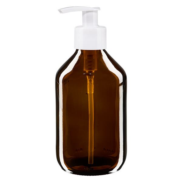 Flacone per medicinali da 250 ml marrone, con pompa dosatrice bianca ApoGlas Flacone per medicinali da 250 ml marrone, con pompa dosatrice bianca ApoGlas