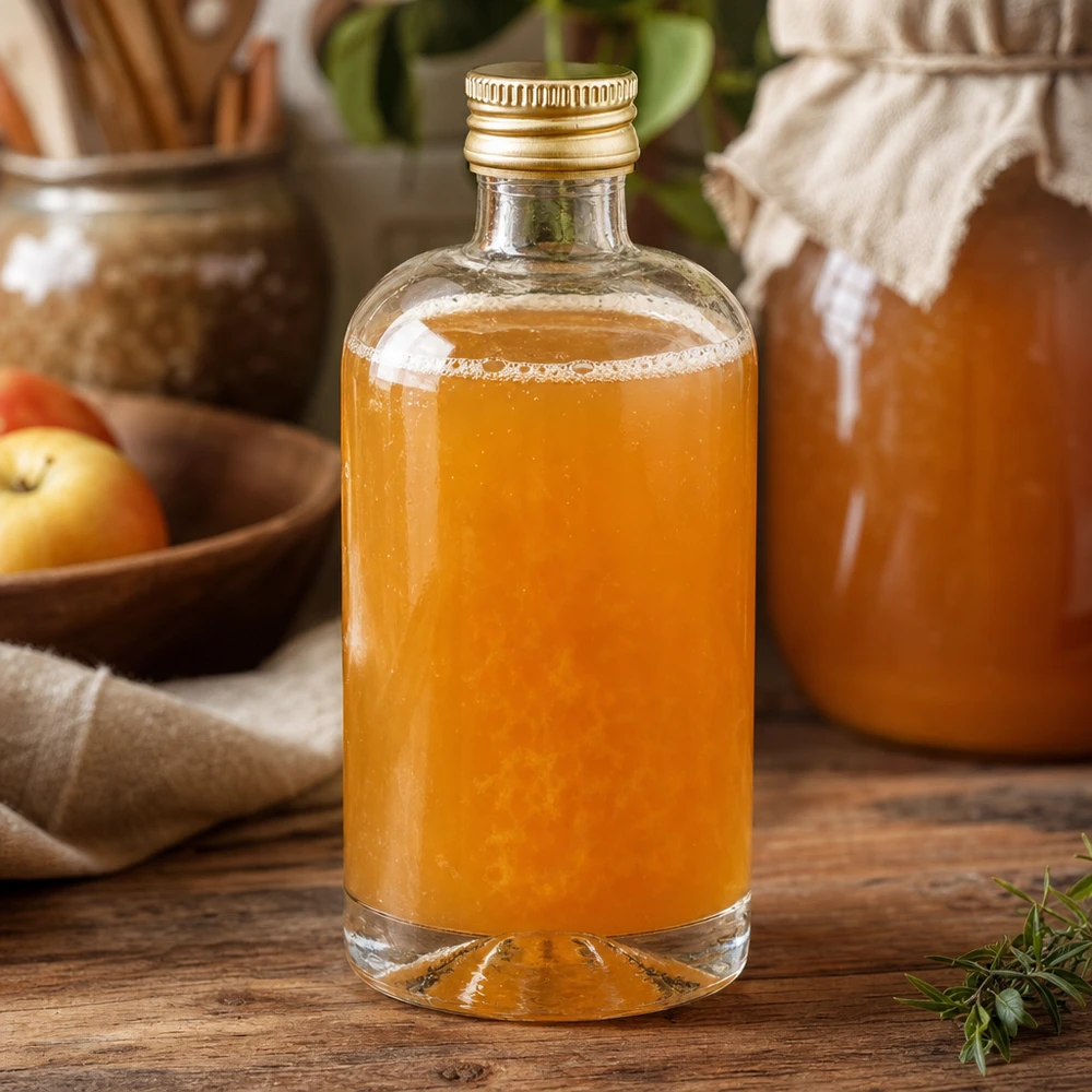 Bottiglia in vetro Sara da 40 ml con contenuto arancione e tappo UNiTWIST dorato su un tavolo di legno rustico con mele