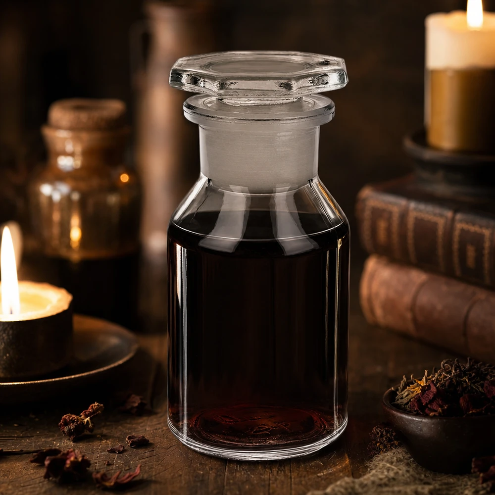 Bottiglia a collo alto 50ml trasparente a collo largo in vetro con tappo Flacone a petto dritto da 50 ml trasparente con tappo in vetro ottagonale, in stile vintage tipico delle farmacie