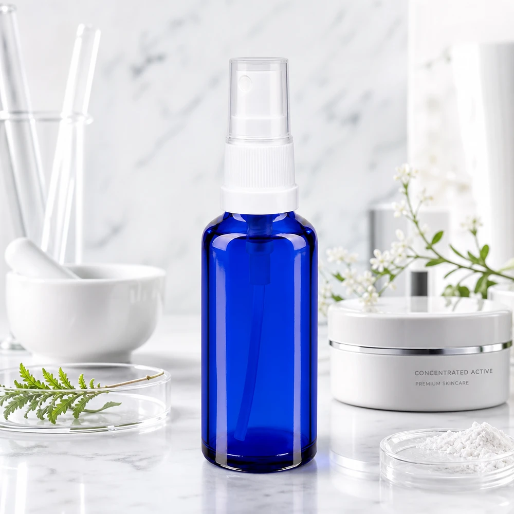 Flacone spray in vetro da farmacia da 30 ml, colore blu cobalto, con nebulizzatore bianco, in un ambiente di laboratorio dedicato alla cura della pelle