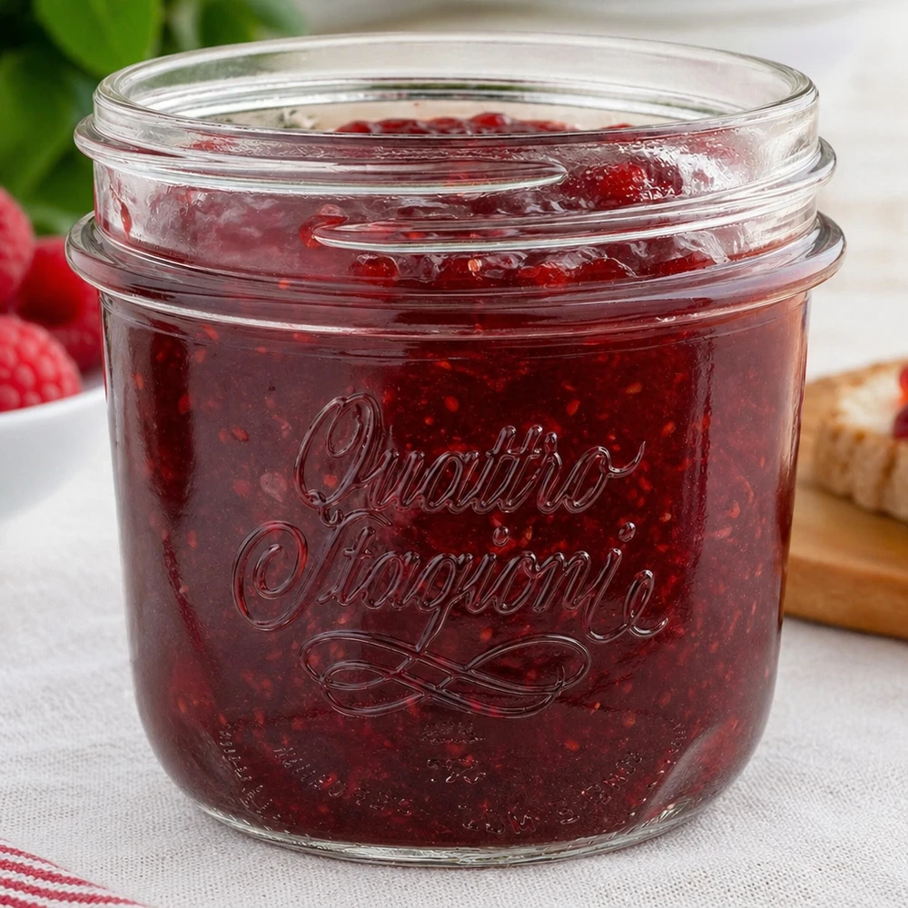 Vaso per gioielli "Quattro Stagioni" da 200 ml Quattro Stagioni 200ml Einmachglas mit roter Marmelade gefüllt - perfekt für hausgemachte Konfitüren und Aufstriche
