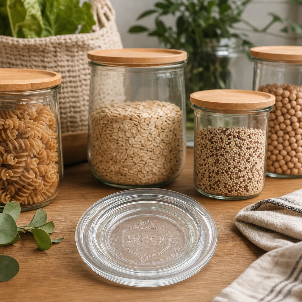 Coperchio in vetro WECK RR40 in vetro trasparente con coperchi in bambù per conservare con stile nella cucina moderna