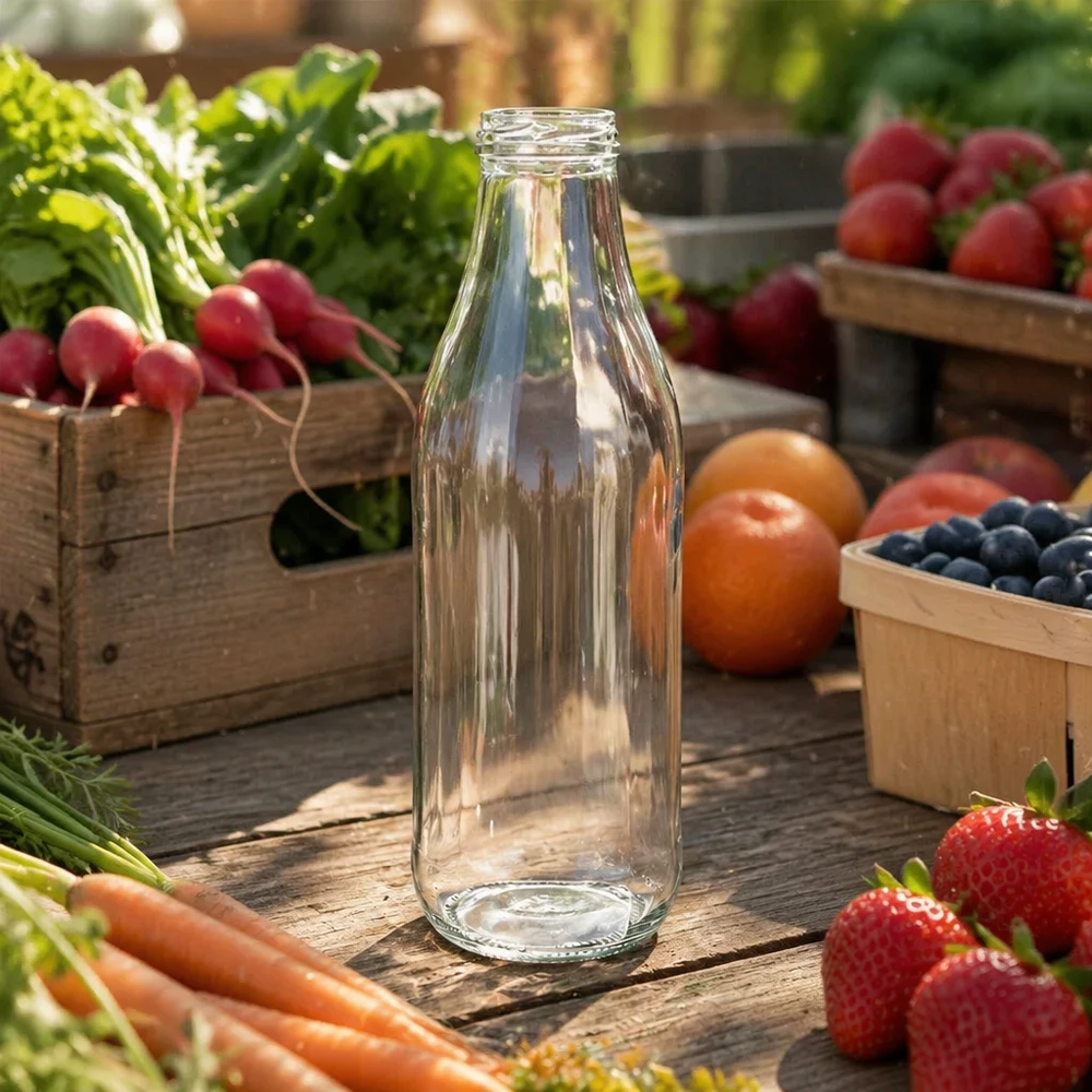 Bottiglia di vetro da 1000ml senza coperchio (TO48) UNiTWIST Bottiglia di vetro UNiTWIST da 1000ml TO48 vuota su tavolo di legno con frutta e verdura fresche Scenario all'aperto aspetto natura