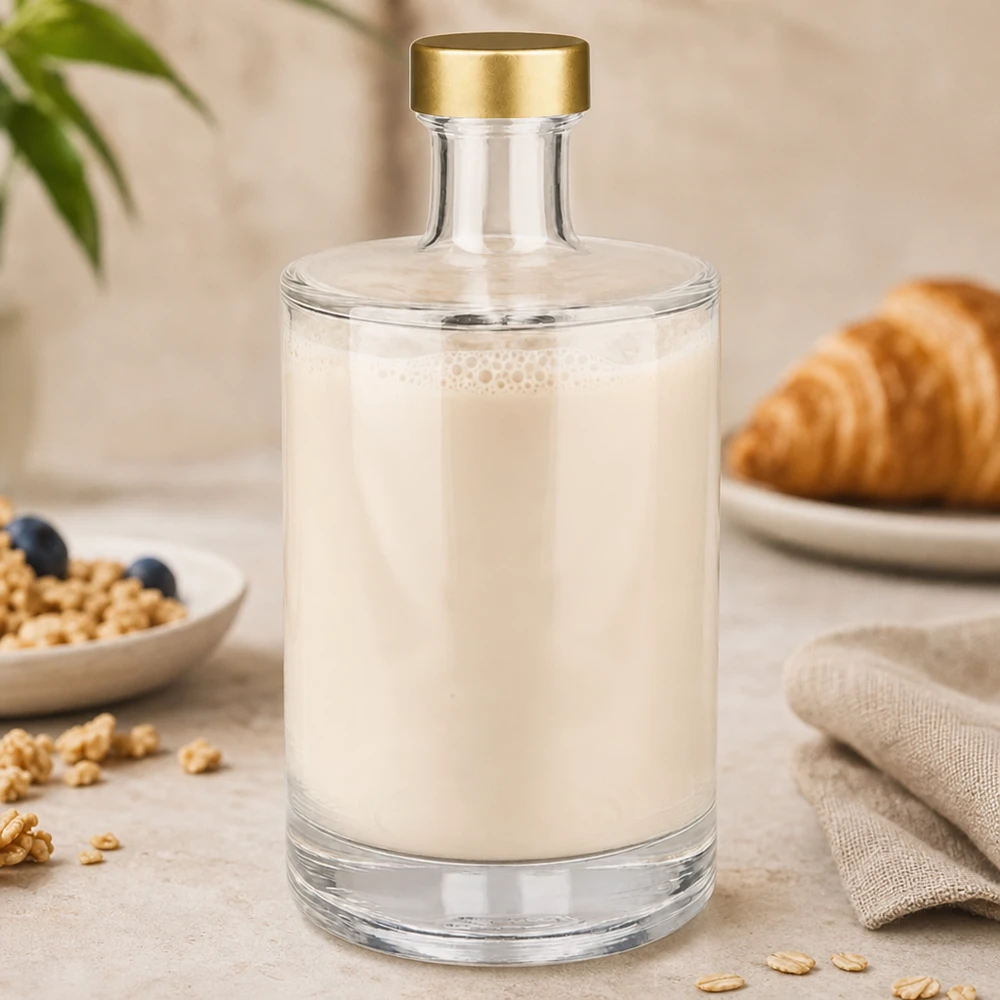 Bottiglia in vetro da 500 ml Sam + tappo a vite dorato UNiTWIST® Bottiglia di vetro da 500 ml Sam riempita di latte bianco tappo dorato UNiTWIST Breakfast Ambience Croissant Nuts