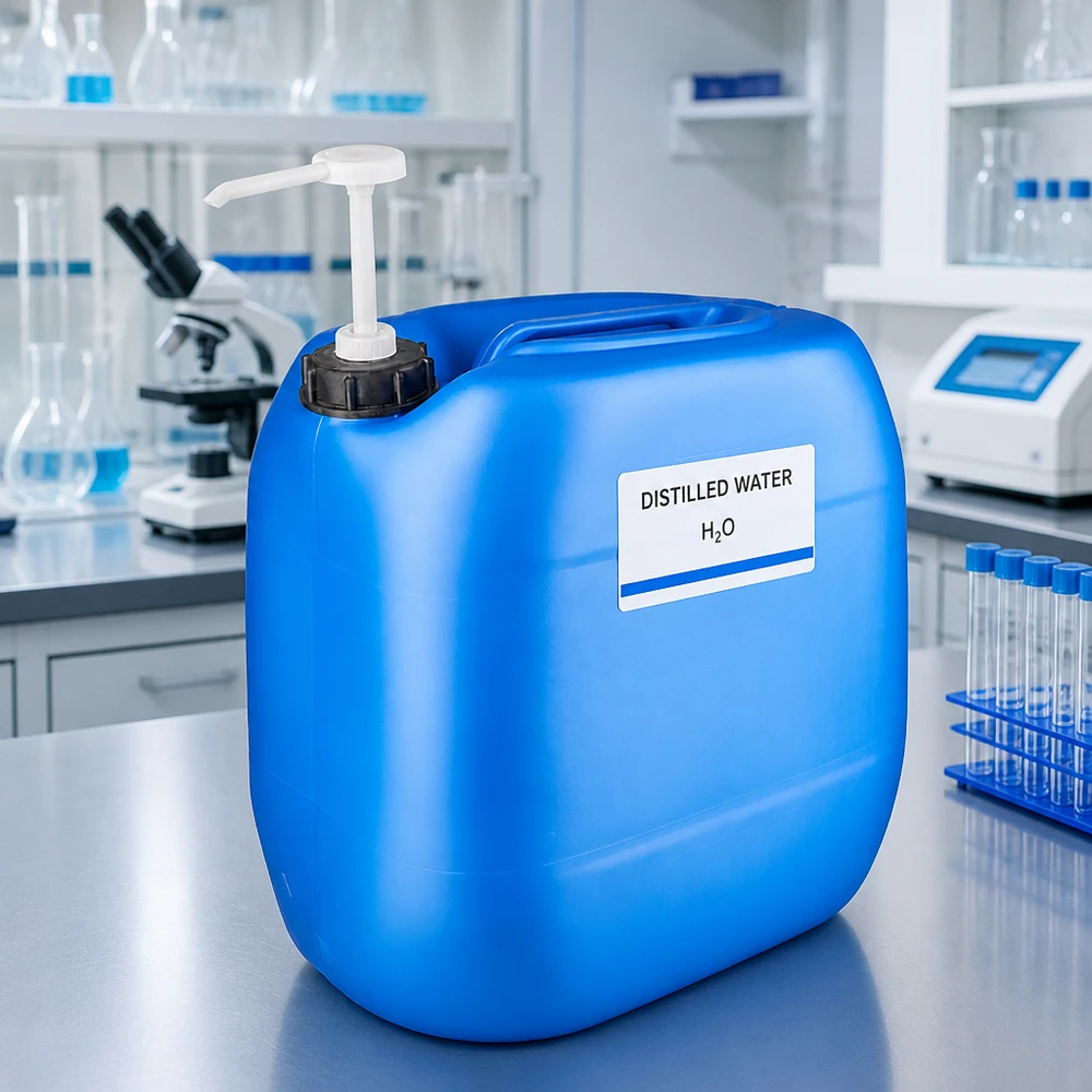 Contenitore da laboratorio da 30 litri, blu, con pompa dosatrice per acqua distillata H₂O