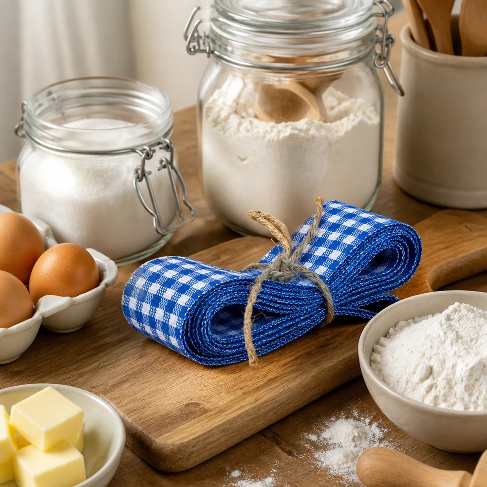 Nastro in tessuto a scacchi blu e bianchi di 300 cm disposto su una tavola di legno tra gli ingredienti da forno come farina, uova e burro.