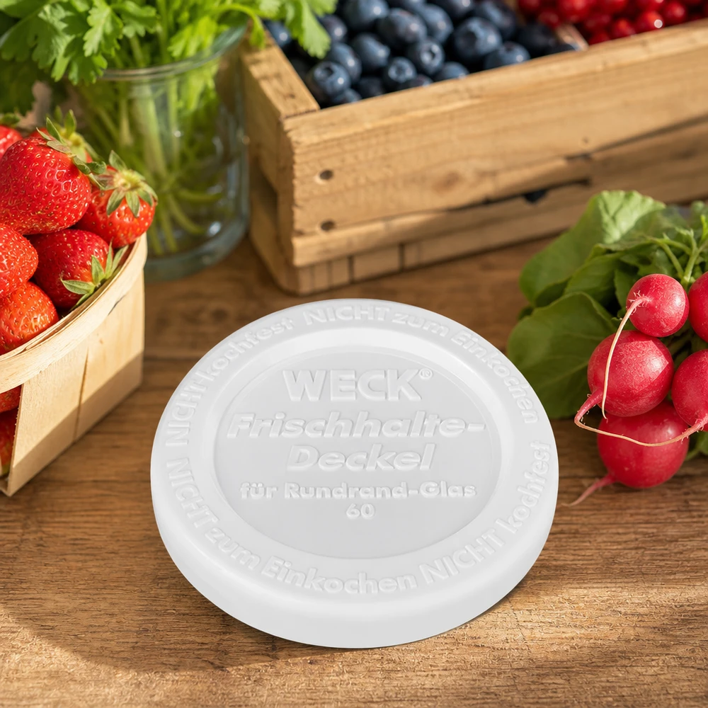 WECK Coperchio Keep-fresh RR60 Scena di vita Tavolo in legno frutta fresca verdura fragole mirtilli ravanelli erbe aromatiche
