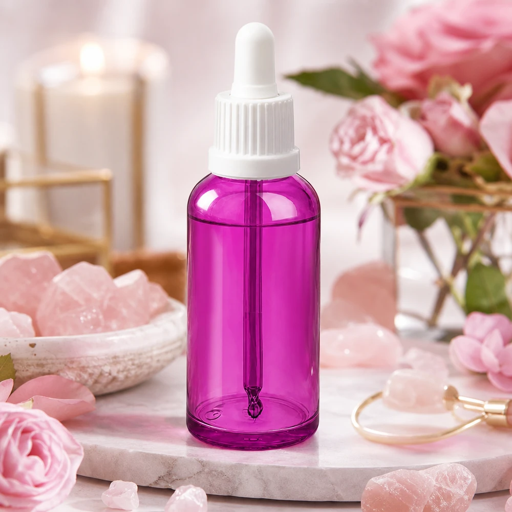 Bottiglia da 50ml con tappo a vite bianco Originality PurpleLine UT18/50 Elegante flacone in vetro viola da 50 ml con contagocce per prodotti di bellezza e cura del viso
