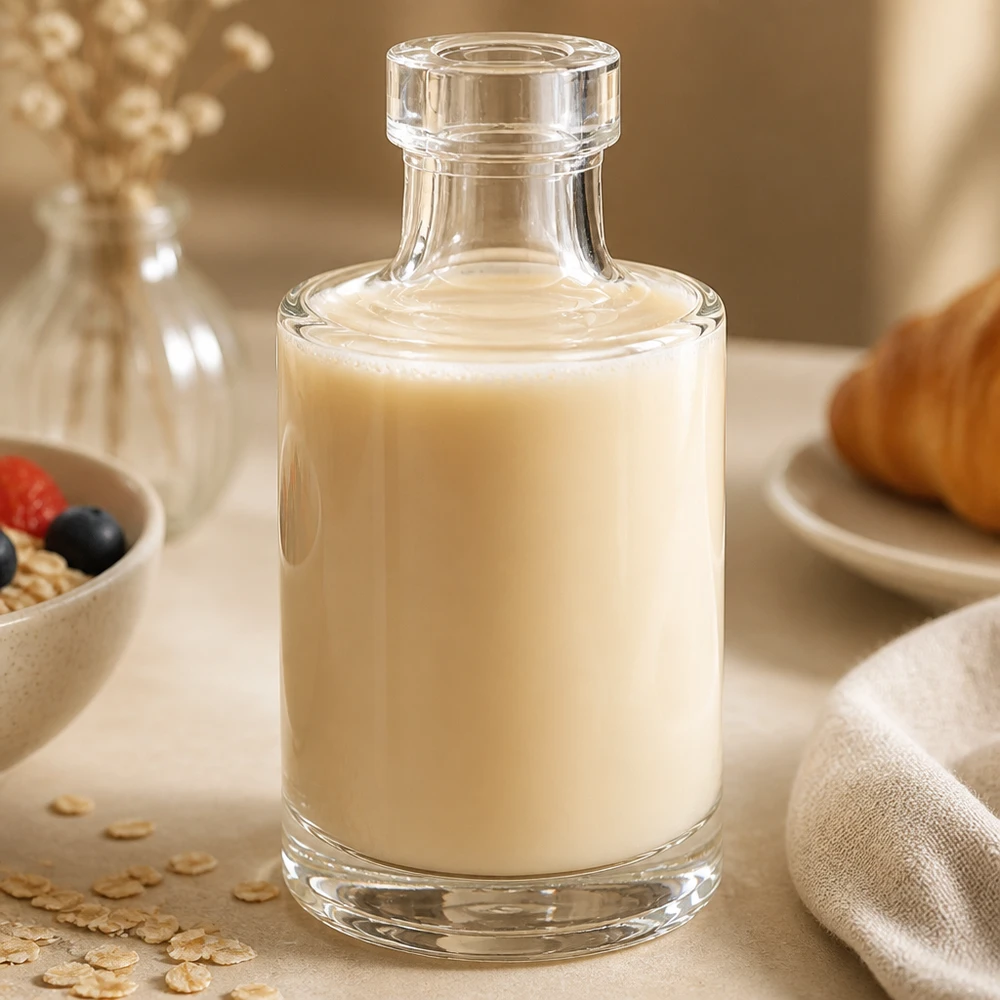 Bottiglia in vetro da 100 ml Marie senza tappo UNiTWIST® Bottiglia in vetro Marie da 100 ml con contenuto cremoso in un'elegante ambientazione da cucina con muesli e fiocchi d'avena come decorazione