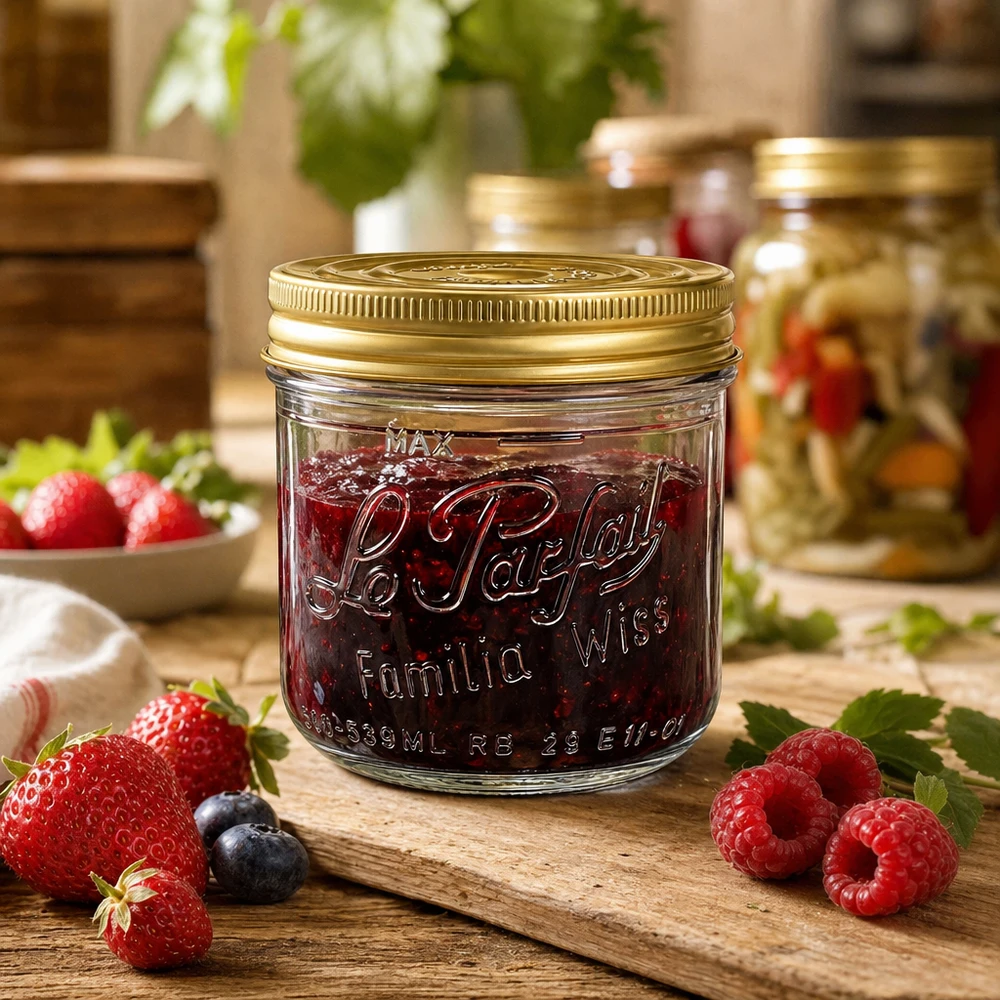 Vasetto Familia Wiss da 539 ml con coperchio a vite dorato su tavola di legno con fragole, lamponi e marmellata