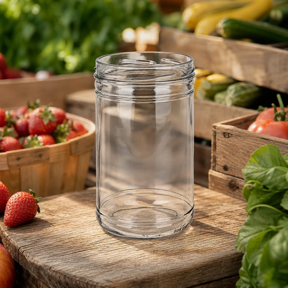 UNiTWIST Sturz1053 - Bicchieri capacità 1053ml TO100 UNiTWIST tumbler 1053ml TO100 vaso da conserva vuoto tra verdure fresche e fragole su tavola di legno in cucina
