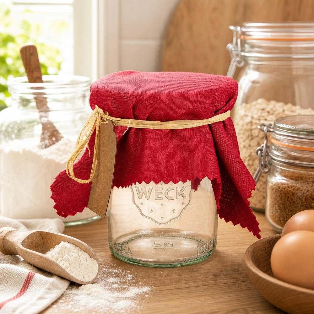 Centrino in tessuto rosso bordeaux 15 cm su vaso WECK con nastro di rafia in un'accogliente cucina di campagna con uova e farina