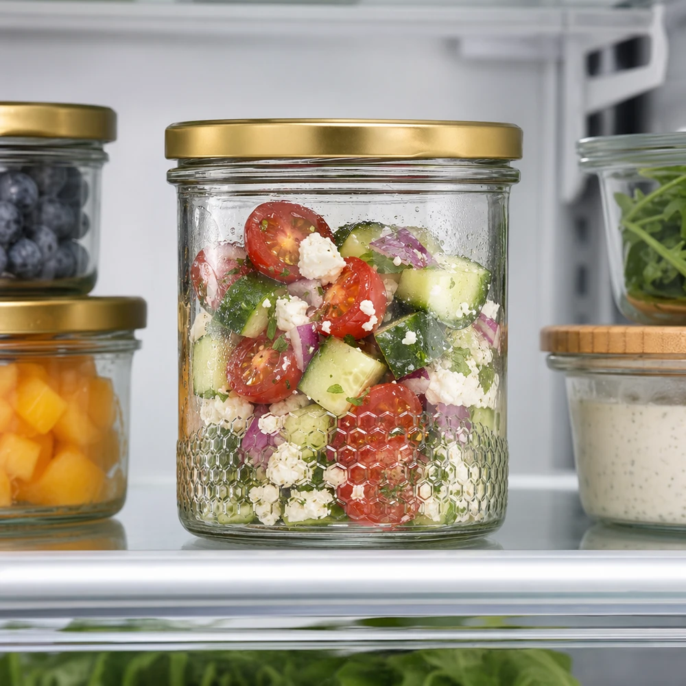 Vasetto per miele da 560 g con capsula dorata BasicSeal UNiTWIST Vasetto di miele da 400 ml con coperchio BasicSeal gold UNiTWIST come vasetto per l'insalata nel frigorifero, riempito di insalata greca