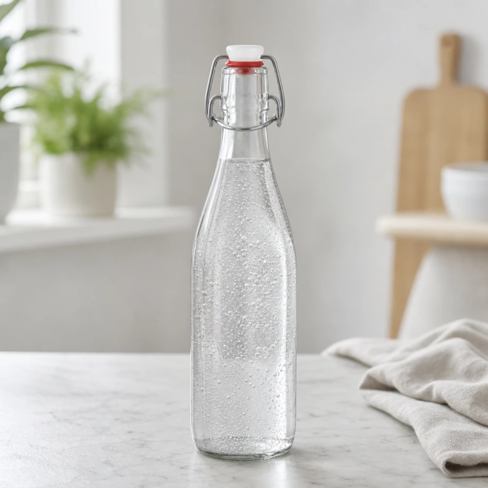 Bottiglia di vetro da 500 ml con tappo oscillante e riempita di acqua frizzante Bottiglia d'acqua gassata da cucina moderna